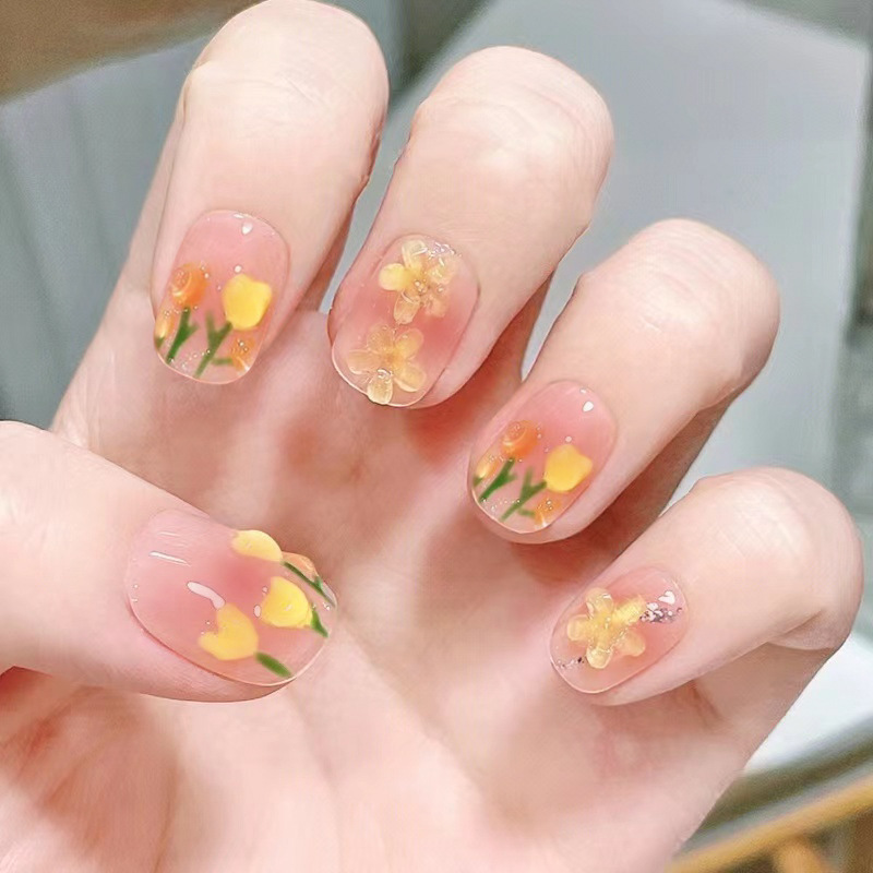 Wearable Nails Short Three-dimensional Tulip Phototherapy Nail Pieces Removable Fake Nail Pieces Ready-made Finished Nail Pieces Wholesale