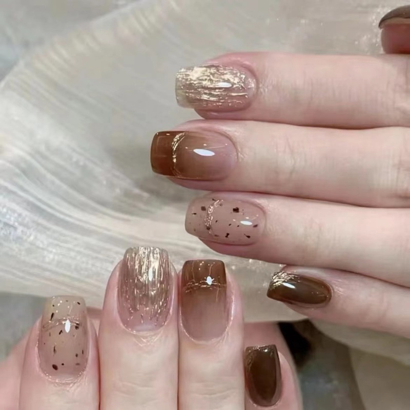 Purely handmade phototherapy manicure caramel chestnut wearable manicure wholesale finished product reusable manicure patch removable manicure