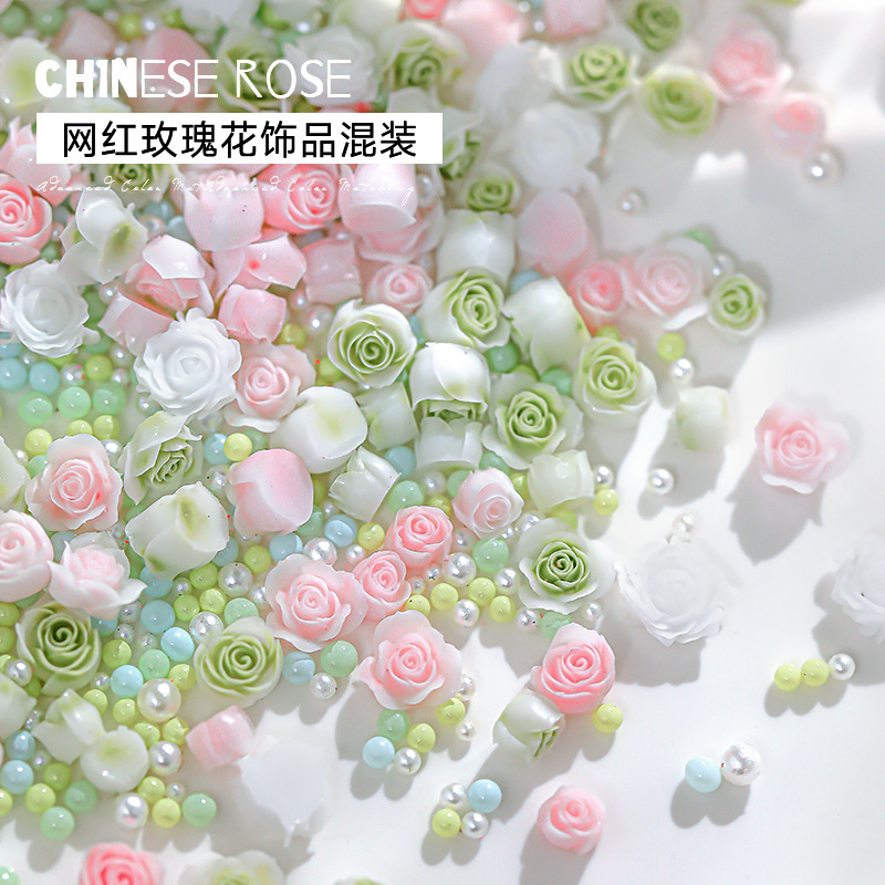New manicure accessories mixed with Internet celebrities, smudged three-dimensional rose roses, camellias, pearls, manicure and diamond jewelry wholesale