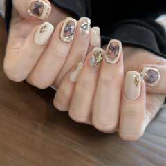 Fake nail patches finished baroque butterfly wear nails pearl inlaid diamond manicure nails short round nails