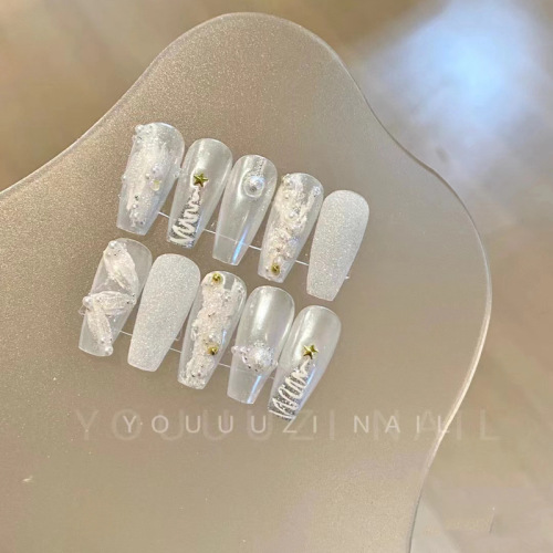 Autumn and winter new pure handmade wearable nails Christmas cedar long manicure stickers frosted hand-painted internet celebrity removable nail pieces