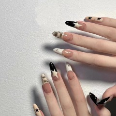 Fingertip Galaxy | French style white hand-painted stars handmade wearable nails metallic sweet and cool long detachable nails