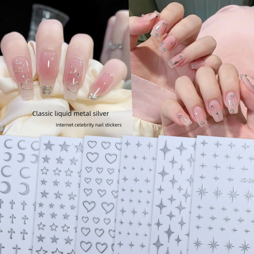Internet celebrity 3D starburst nail art sticker liquid metal silver texture star adhesive sticker moon Crow heart punk sticker