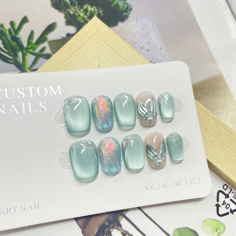 Mint Candy Handmade Nails Purely Handmade Summer Cyan Special Cat Eye Therapy Nails Temperament Whitening Nail Patch