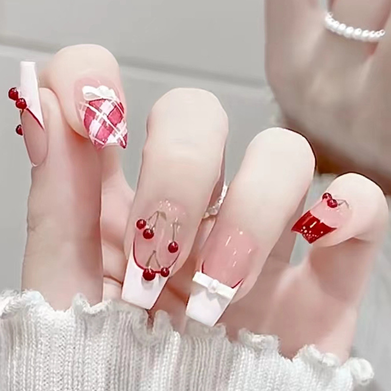 Nail art patches French bow fake nails removable nail plaid lychee wearable nail diamond style manicure patches
