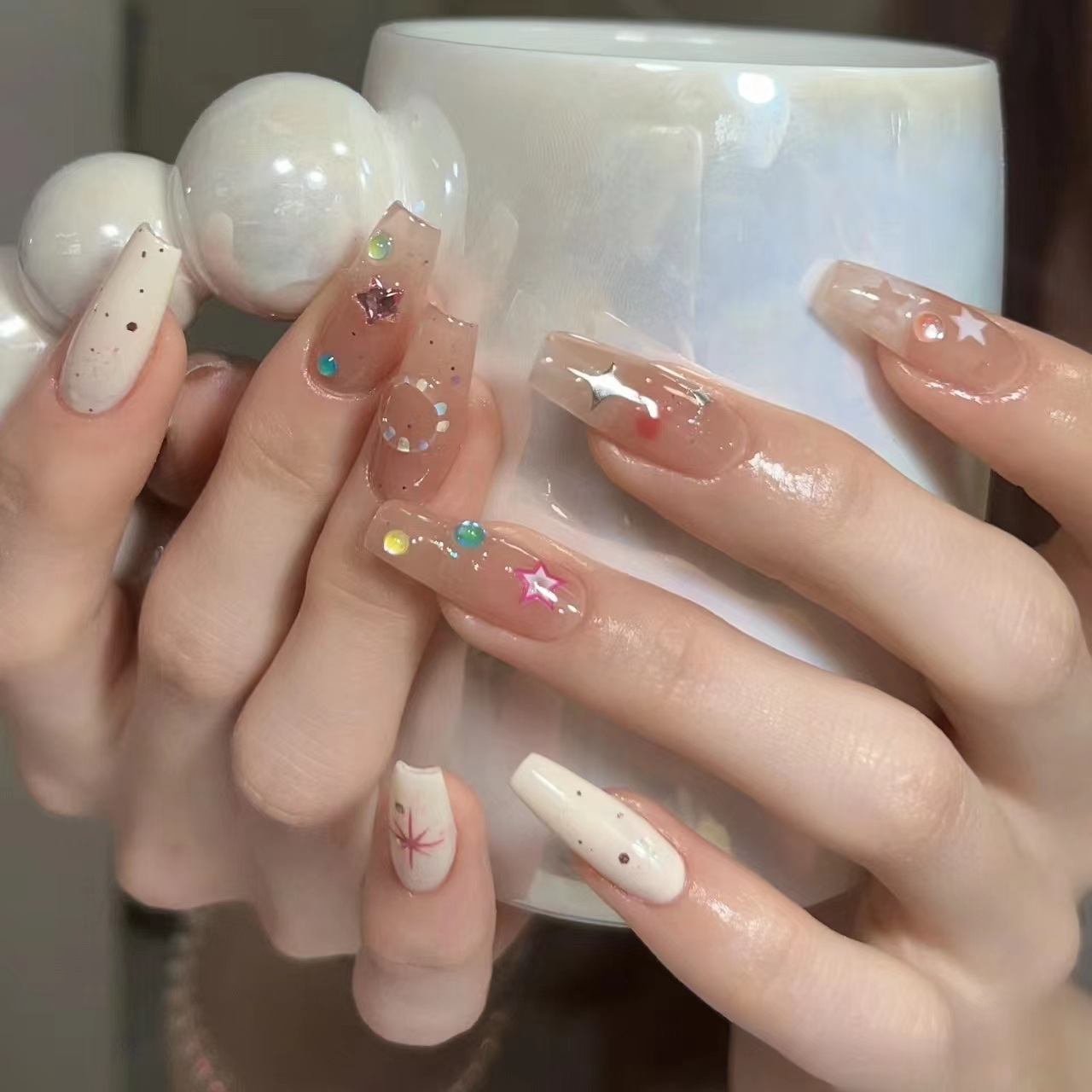 Purely handmade wearable nails real shot summer ice carambola frappuccino sweet whitening five-pointed star nail stickers light therapy nails