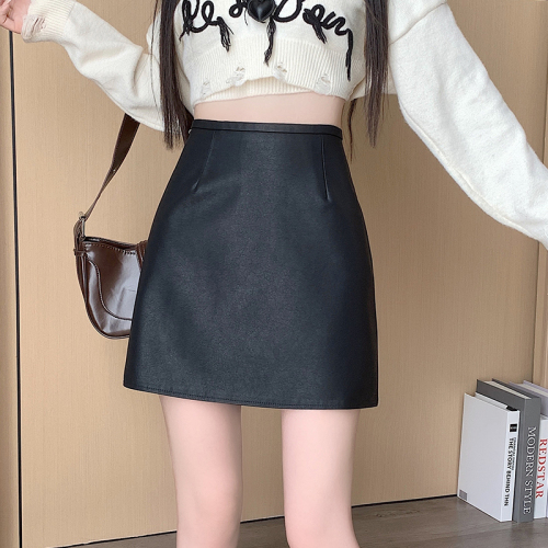 PU leather short skirt for autumn and winter new anti-exposure pants short skirt high waist slimming A-line skirt frosted matte leather skirt