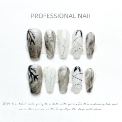 [Cool Chinese Style] Temperament Ink Jiangshan Ancient Style Autumn and Winter New Chinese Style Smudged Wear Nails Handmade Nail Art Pieces