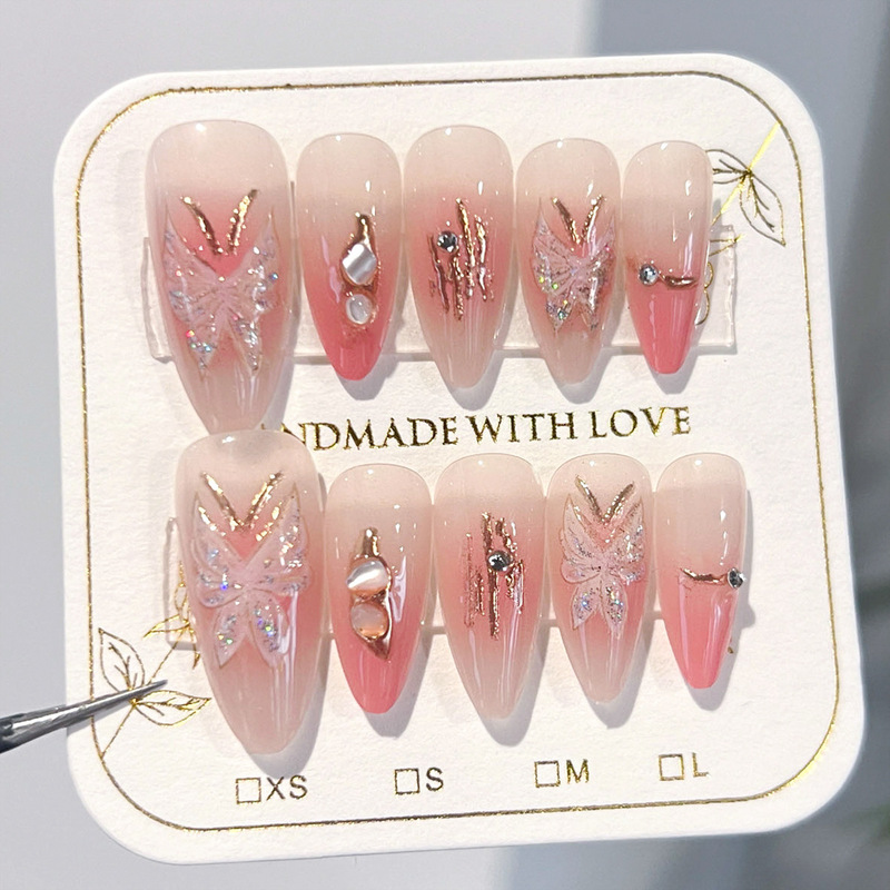 Blush Gradient Butterfly Wearable Nails High-end Summer Coded Fake Nails Manicure Patches Handmade Glitter Diamond Nails
