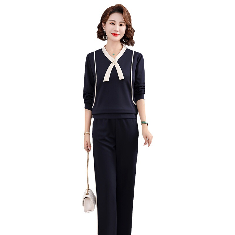 Mom's Autumn Clothing New Fashion V-neck Suit Middle-aged and Elderly Women's Pullover Long Sleeve Temperament Floating Neck Two-piece Set