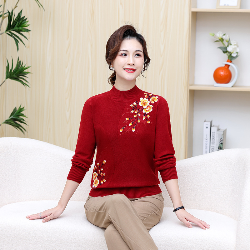 Mom's clothing autumn and winter knitted half turtleneck top fashionable middle-aged and elderly autumn clothing loose bottoming women's embroidered sweater