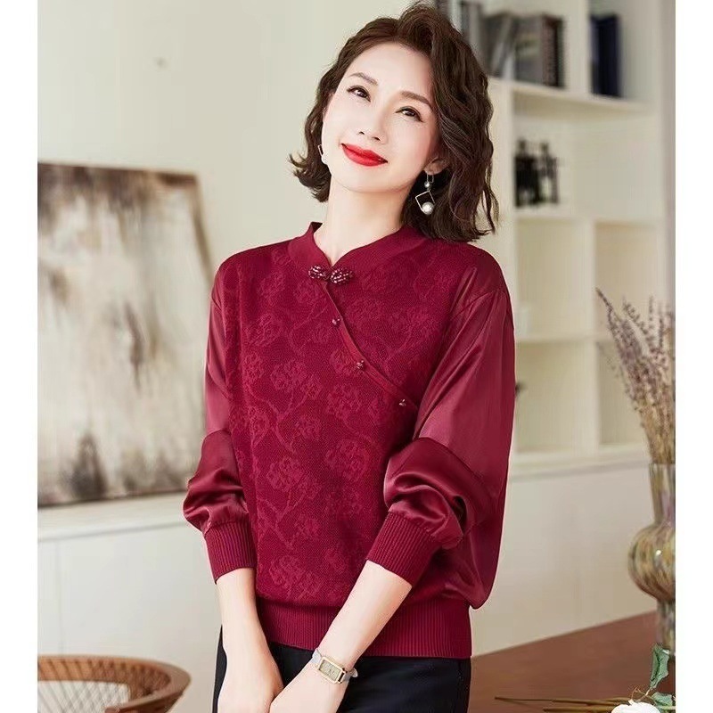 Middle-aged mother spring and autumn knitted sweater wedding banquet 2024 new Chinese style women's top red cheongsam collar western style small shirt