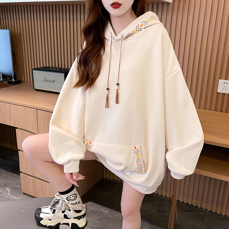 M-3XL實拍秋箭頭刺繡後包領中長版T恤內刷毛 特大碼女裝長袖上衣(2色)