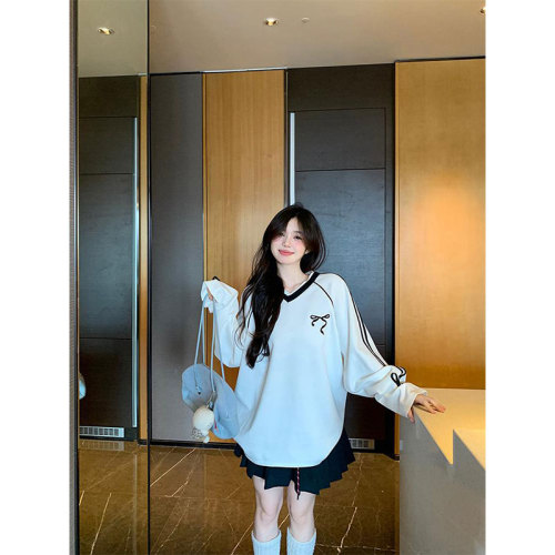 Morning collar [original quality] lazy style contrasting V-neck striped t-shirt for women autumn bow loose design top