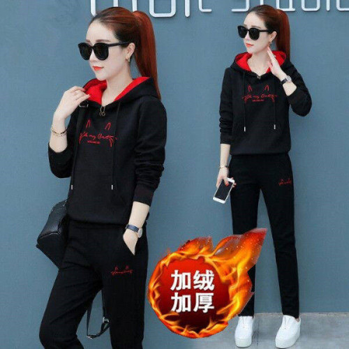 377# New Autumn/Winter Casual Sports Set for Women, Korean Version, Embroidered Hooded, Loose Long-Sleeve, Insulated and Thick Two-Piece Set