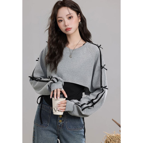 Morning collar [original quality] short long-sleeved sweatshirt for women, new autumn gray top with black slimming vest