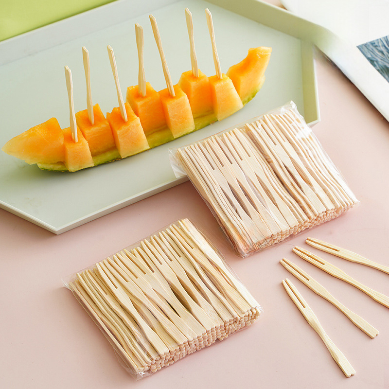 Disposable two-tined fruit fork small fork solid wood fruit pick cake dessert fork tableware bamboo pick fruit fork