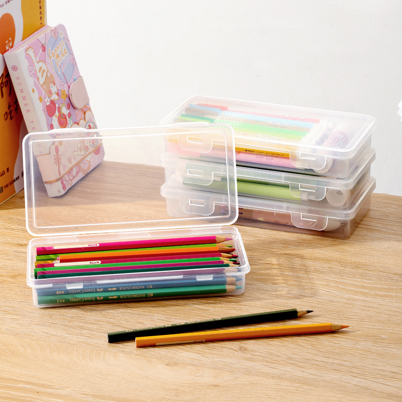 Pencil box is transparent and simple, stackable, large-capacity student stationery box, multi-functional sketch art brush storage box