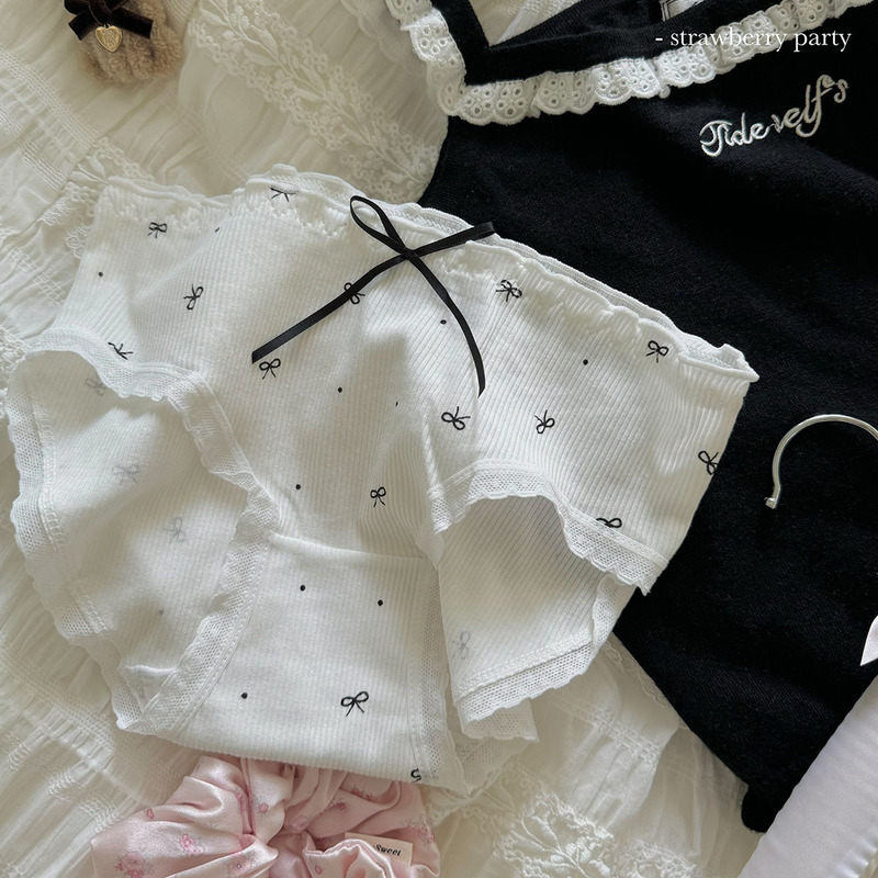 Small bow element~5A antibacterial girly sweet lace mid-low waist girl underwear for women summer