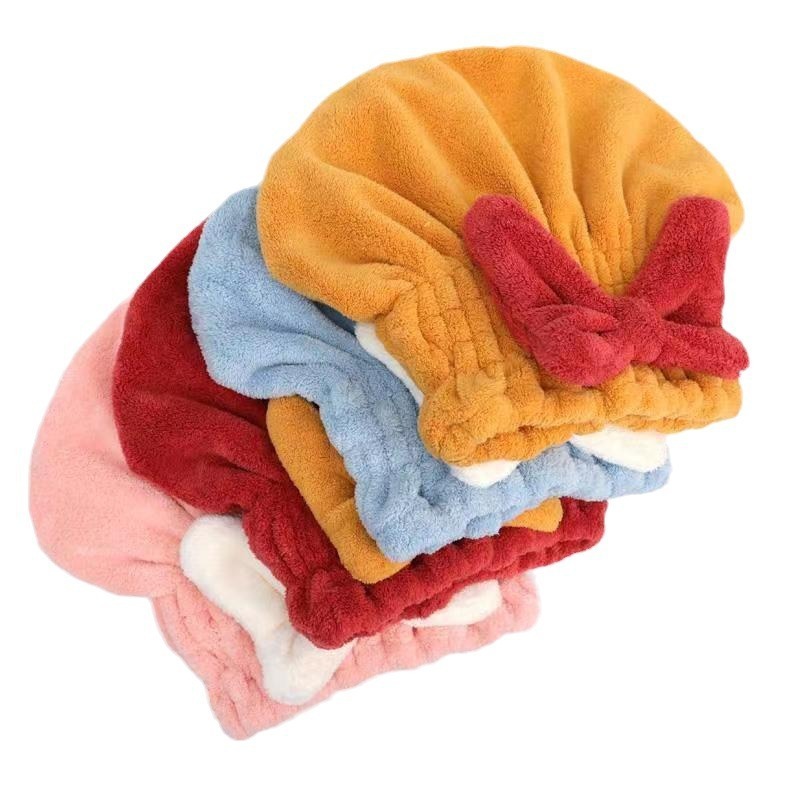 Shower cap, dry hair cap for women, thickened, super absorbent, quick-drying, cute bow, coral velvet dry hair towel, turban