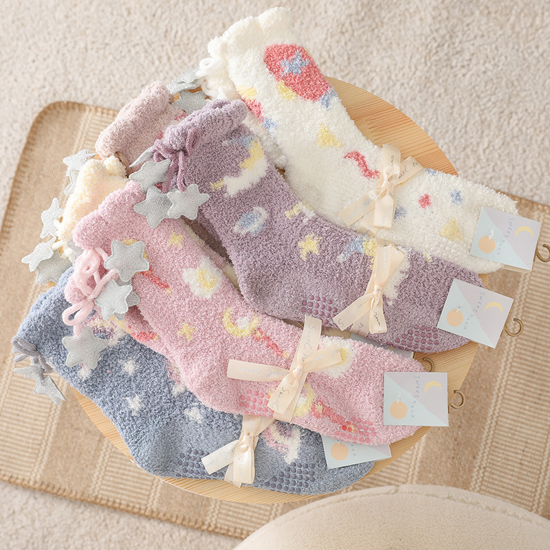 Autumn and winter new Japanese coral velvet women's socks, cosmic elements, cute and sweet wind socks, floor socks, sleep socks