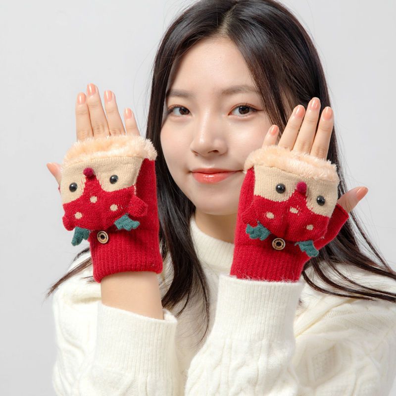 Autumn and winter Christmas deer flip-up gloves Korean version cute cartoon students writing and cycling warm and cold-proof flip-up gloves