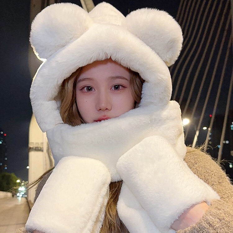 Winter plush hat, warm hat, scarf, gloves, one-piece hat, neck scarf, cartoon cute warm hat, three-piece set