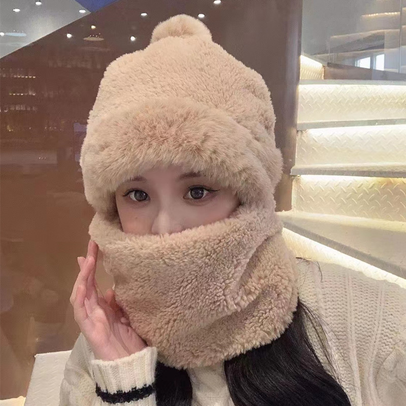 Hat and scarf all-in-one women's autumn and winter new windproof cycling warm and thickened plush hat pullover hat cold protection hat