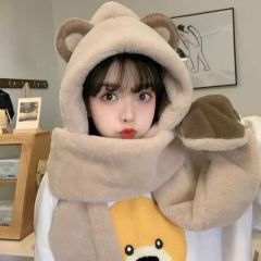 Bear Hat and Scarf All-in-One Outdoor Cycling Warmth and Ear Protection Korean Version Thickened Cute Student Hat Versatile