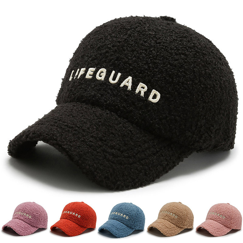 Hat women's autumn and winter lamb plush embroidered letters warm baseball cap fashionable ins casual versatile peaked cap