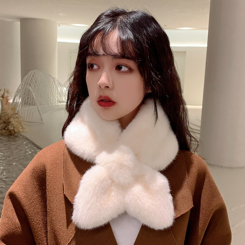 Soft and waxy Korean chic thickened imitation high rabbit fur scarf warm imitation rex rabbit fur cross scarf plush collar for women winter
