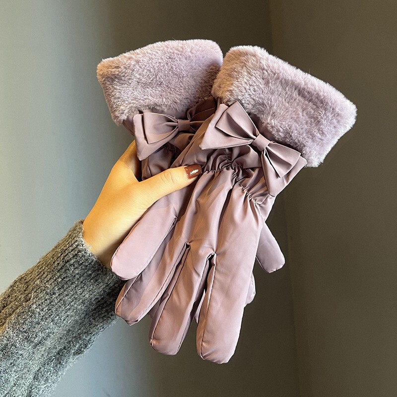 Winter warm gloves for female students, thickened cotton touch-screen down gloves, cycling cold-proof, windproof and velvet ski gloves
