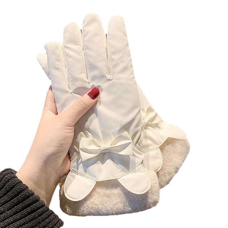 Winter warm and velvet thickened gloves for women, Korean style autumn and winter student cycling gloves, cold-proof and waterproof, cute ski gloves