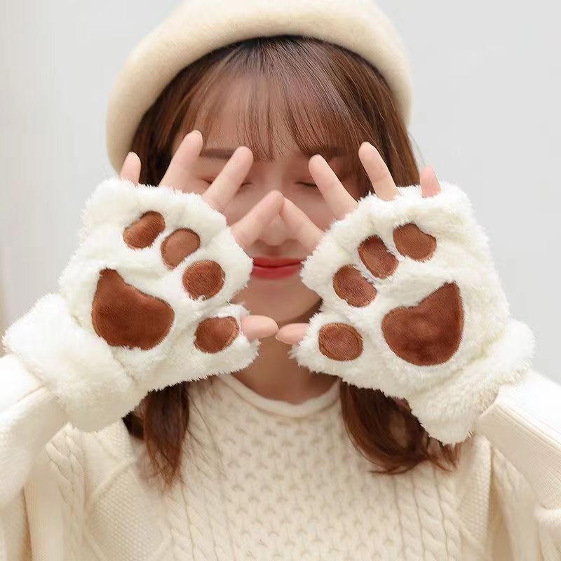 Cute cat claw gloves for women in autumn and winter, warm and cold-proof plush half-finger gloves, thickened and velvet, students' fingers leak when writing