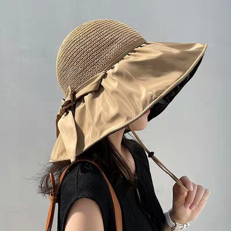 Hat Women's Fashion Vinyl Sun Hat Hollow Straw Hat Big Brim Face Covering Sun Protection Hat Sun Fisherman Hat