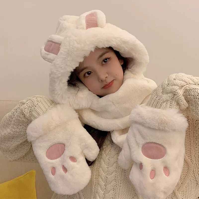 2024 new hat, scarf and gloves in one winter cute three-piece set cat claw hat plush scarf student hat for women