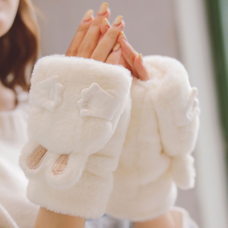 Winter thickened velvet warm gloves for women to cover their face with squinting rabbit ears and half fingers cute plush flip gloves for students