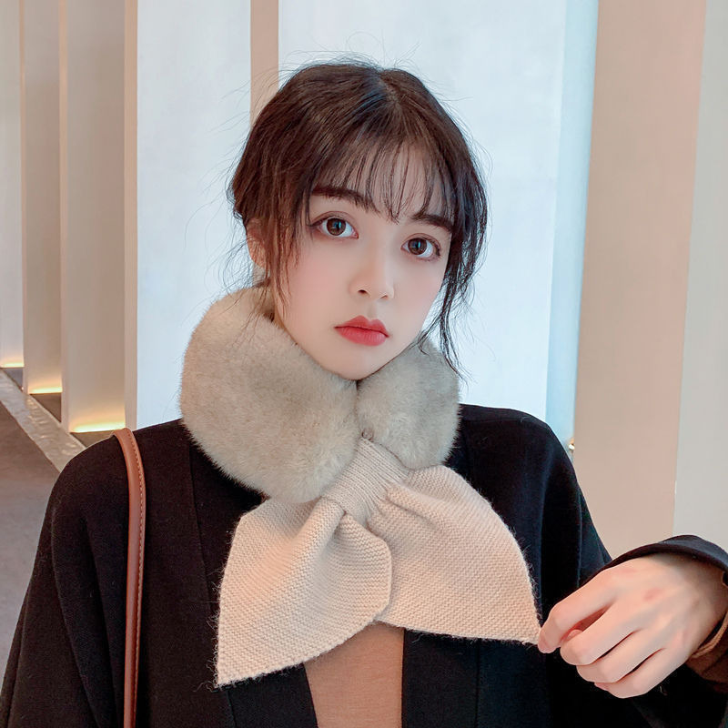Scarf for women in autumn and winter, cute imitation rex rabbit fur, Korean version, versatile cross little swallowtail fur collar, warm plush scarf