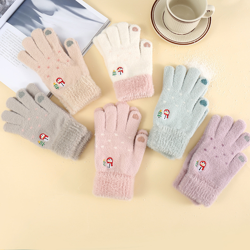 Autumn and winter gloves female snowman cute winter cold-proof plus velvet thickened winter knitted touch screen warm gloves wholesale
