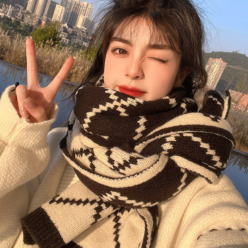 Scarf women's winter warm plaid double-sided imitation cashmere scarf autumn and winter extra long knitted thickened student dual-use shawl