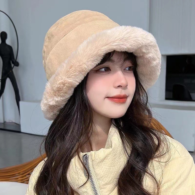 Winter plush fisherman hat for women, Japanese style Mongolian hat, ear-protecting Baotou hat, warm plus velvet, thickening, cute pile hat