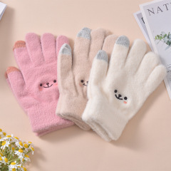 Cartoon smiling face gloves, Korean style girls' sweet and cute winter cold-proof plus velvet thickened student gloves touch screen gloves