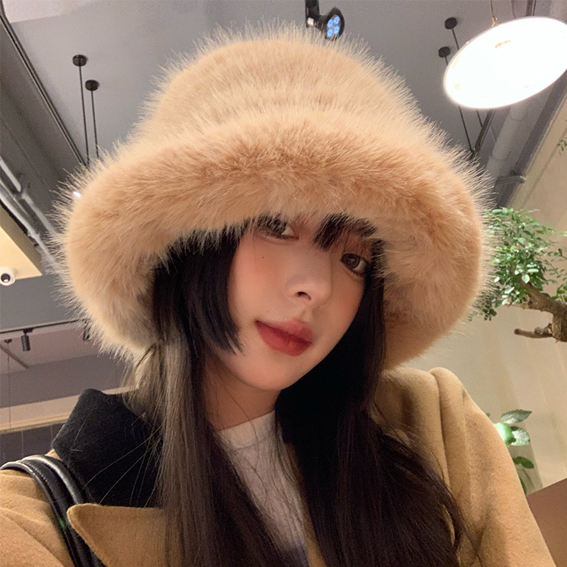 High-end imitation fur mink fur fluffy fisherman's hat for women, ladies' style big head circumference plush hat, winter warm pullover hat