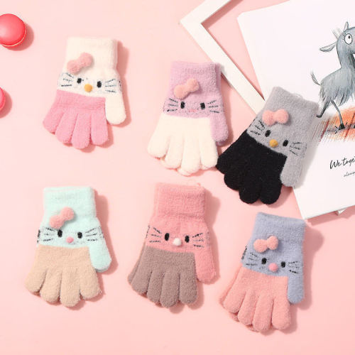 Children's Gloves Female Princess Velvet Thickened Primary School Students Half Finger Cute Warm Five Finger Cartoon Baby Gloves Winter