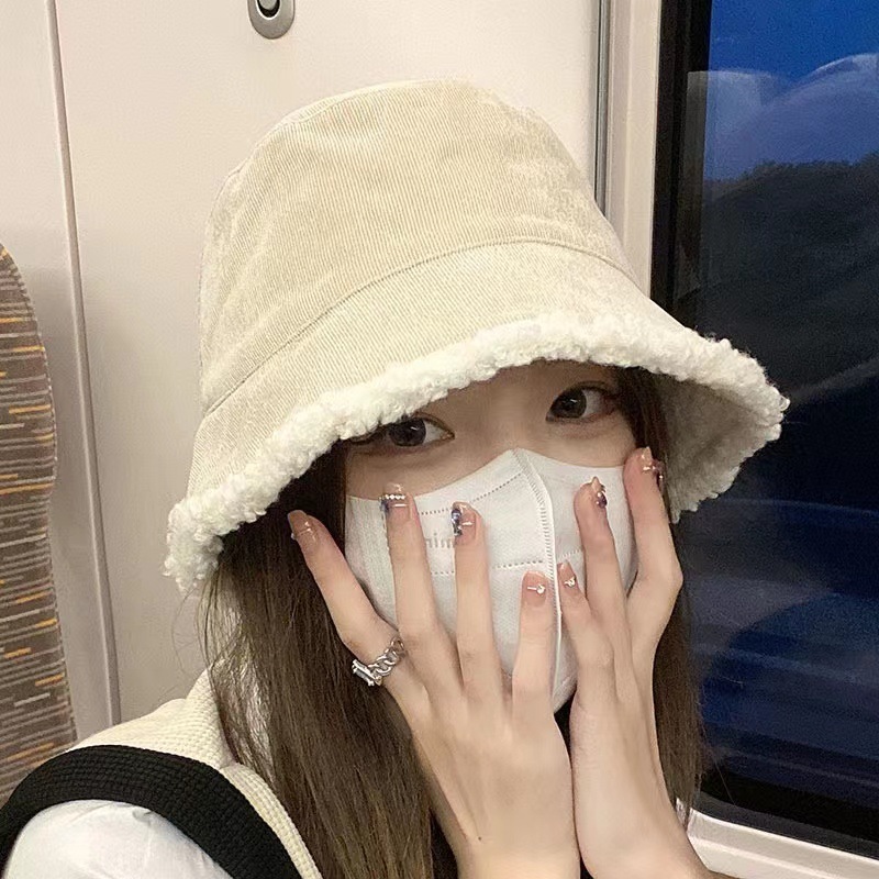 New fisherman hat women's double-sided corduroy hat Korean version winter plush lamb wool factory bucket basin hat wholesale