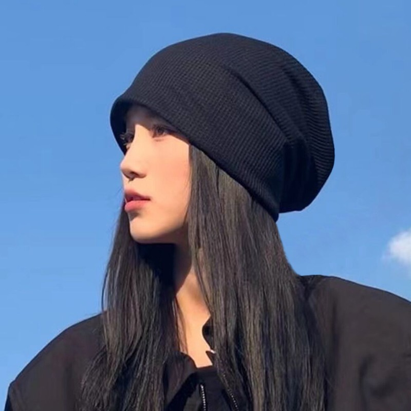 Face-showing small ins black hat for women spring and autumn versatile knitted pile hat summer woolen hat Baotou confinement cold hat