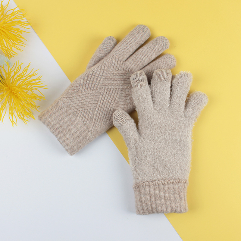 Adult winter women's touch screen knitted gloves double-layer velvet warm and cold-proof five-finger gloves cycling non-slip gloves