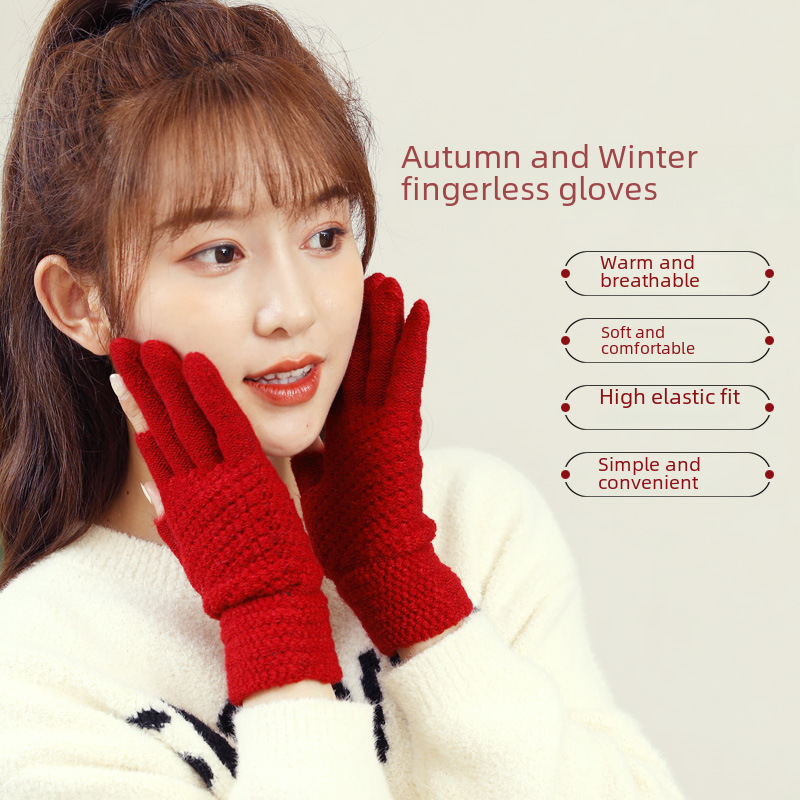 Knitted gloves for women in autumn and winter, warm and thickened, exposed two-finger office touch screen gloves, women's split-finger gloves