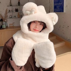 Hat and scarf three-piece set for women, cute winter cycling, thickened windproof and cold gloves, scarf, hat to keep warm