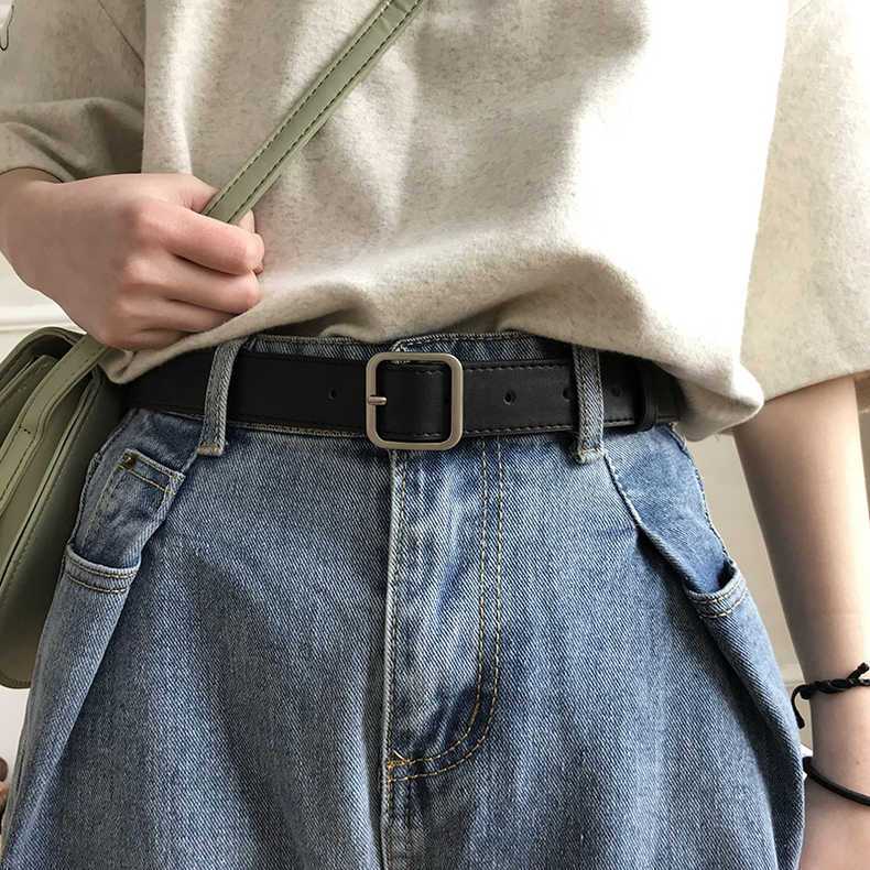 Retro thin belt for women, simple and versatile Korean student casual fashion square buckle belt for women with trendy decorative jeans